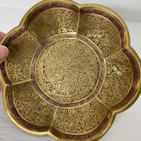 Vintage Made in India Brass Etched Enamel Painted 6 Inch Bowl